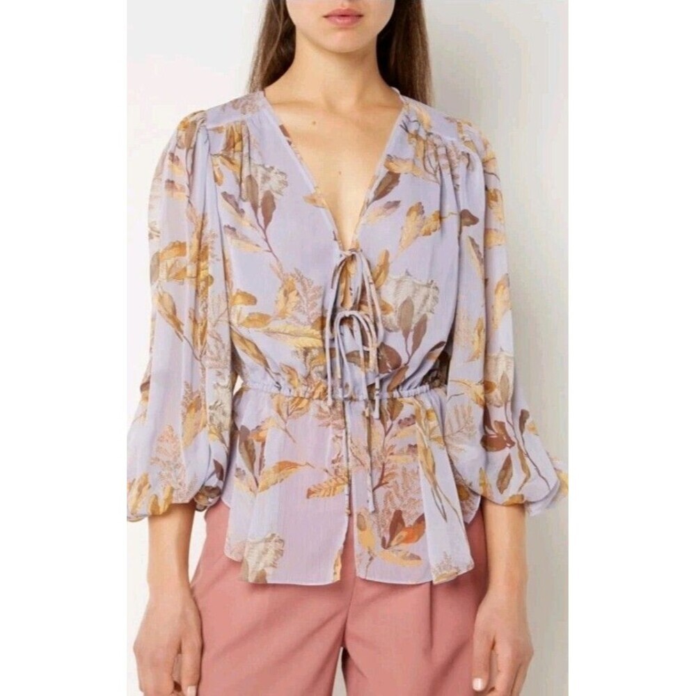 Ted Baker Lavender Floral Tie-Front Blouse with Mustard and Brown Leaves